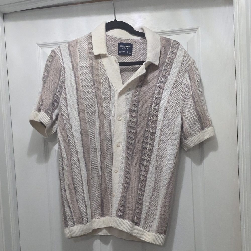 Abercrombie & Fitch Cream and Brown Striped Button Down Sweater